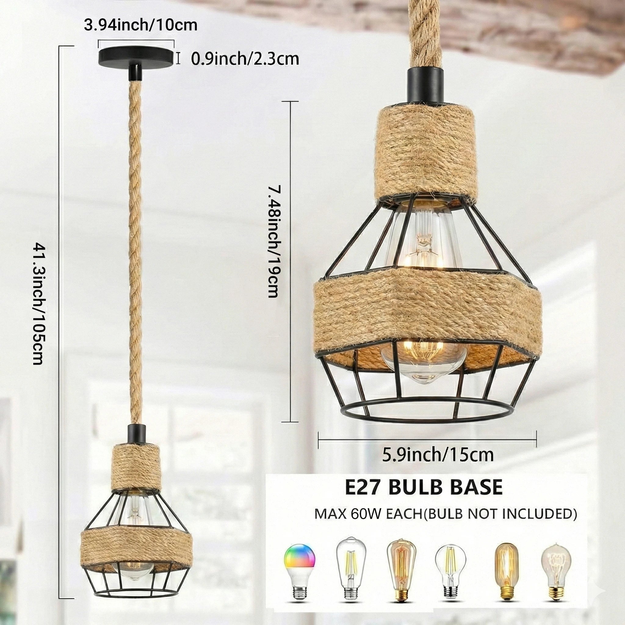Industry Loft Chandelier Vintage Hemp Rope Pendant Lamp Aisle Bar Dining Room Hanging Lamp Restaurant Cafe Light Droplight Qme black
