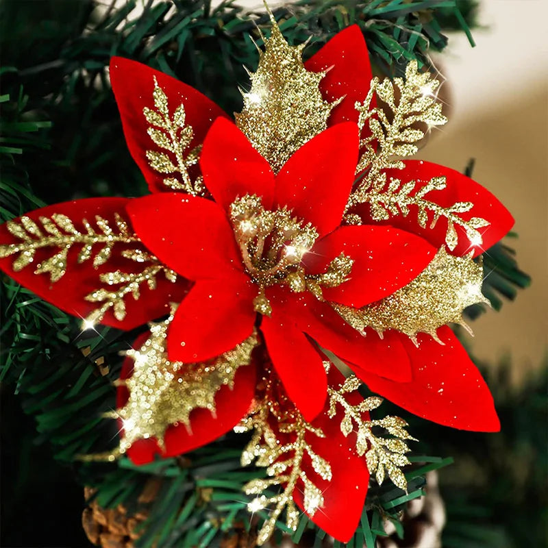 5PCS Glitter Poinsettia Artificial Xmas Flowers Ornaments for Christmas Tree Decorations Fake Flowers Head Christmas Decoration Qme