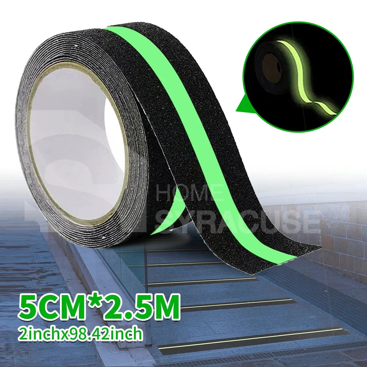 Anti Slip Traction Tape Glow in Dark Green Stripe Friction Abrasive Adhesive Non Skid Tape For Stair Tread Step Indoor Outdoor Qme 5cmX2.5M