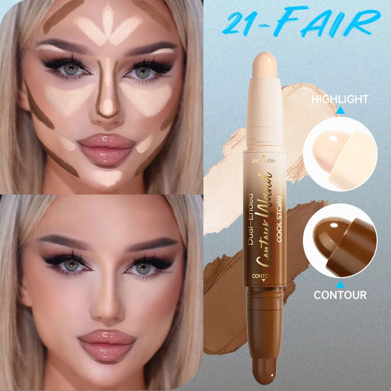 Dual-Ended Contour Highlight Stick Face Sculpting Matte Bronzers Shimmer Three-dimensional Natural V-face Makeup Nose Shadow Qme 21-Fair