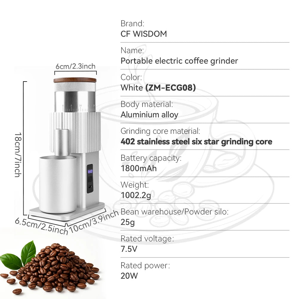 Portable Electric Coffee Grinder Full Aluminum Body USB Rechargeable Qme ZM-ECG08