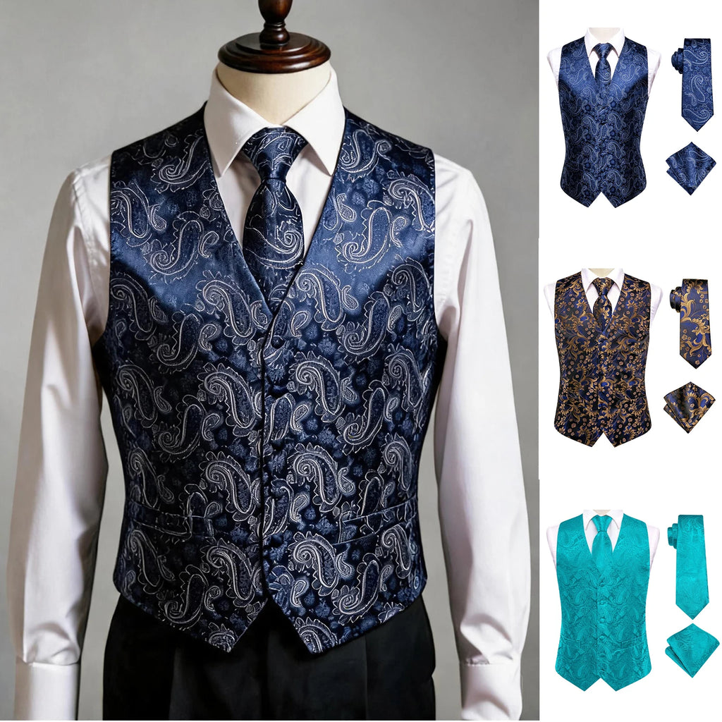 Blue Men Vest Three-Piece Suit Set, Dress Waistcoat with Tie and Pocket Square for Party Ceremony Qme