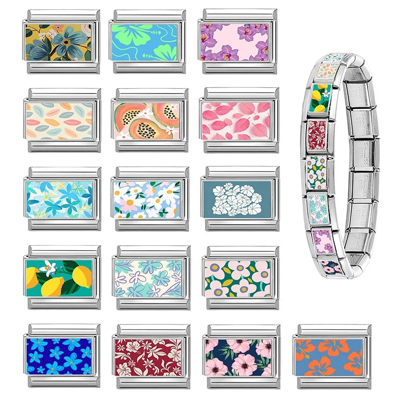 Fashion Oil Painting Green Background Color Flowers Italian Charm Links Fit 9mm Stainless Steel Bracelet Jewelry DIY Making Bead Qme
