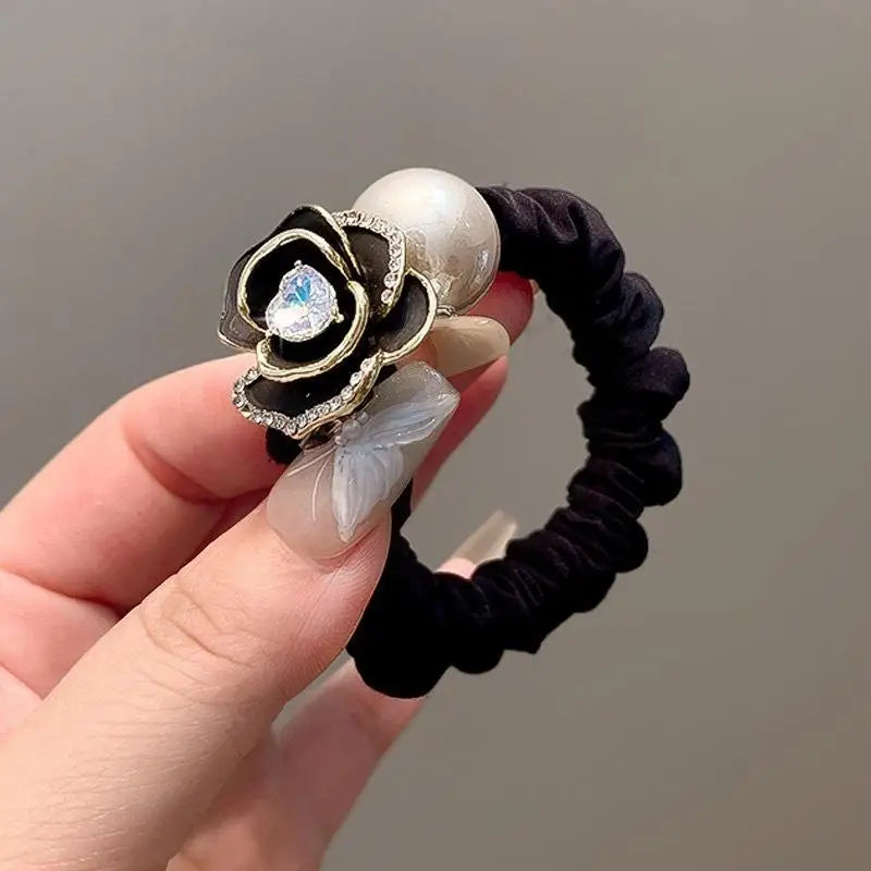 Deluxe Hair Ropes Women Black Pearl Tea Rose Designs Stylish Bands Qme