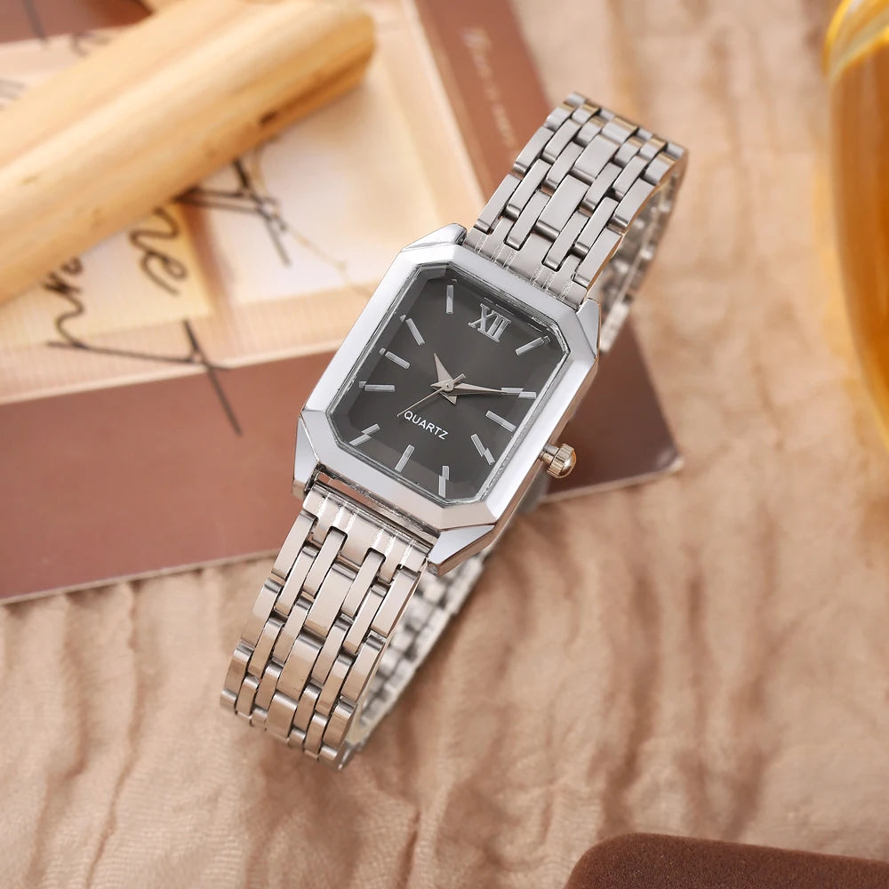 New retro square women's watch ins wind steel strip niche quartz watch medieval simple luxury student watch Qme Silver Black