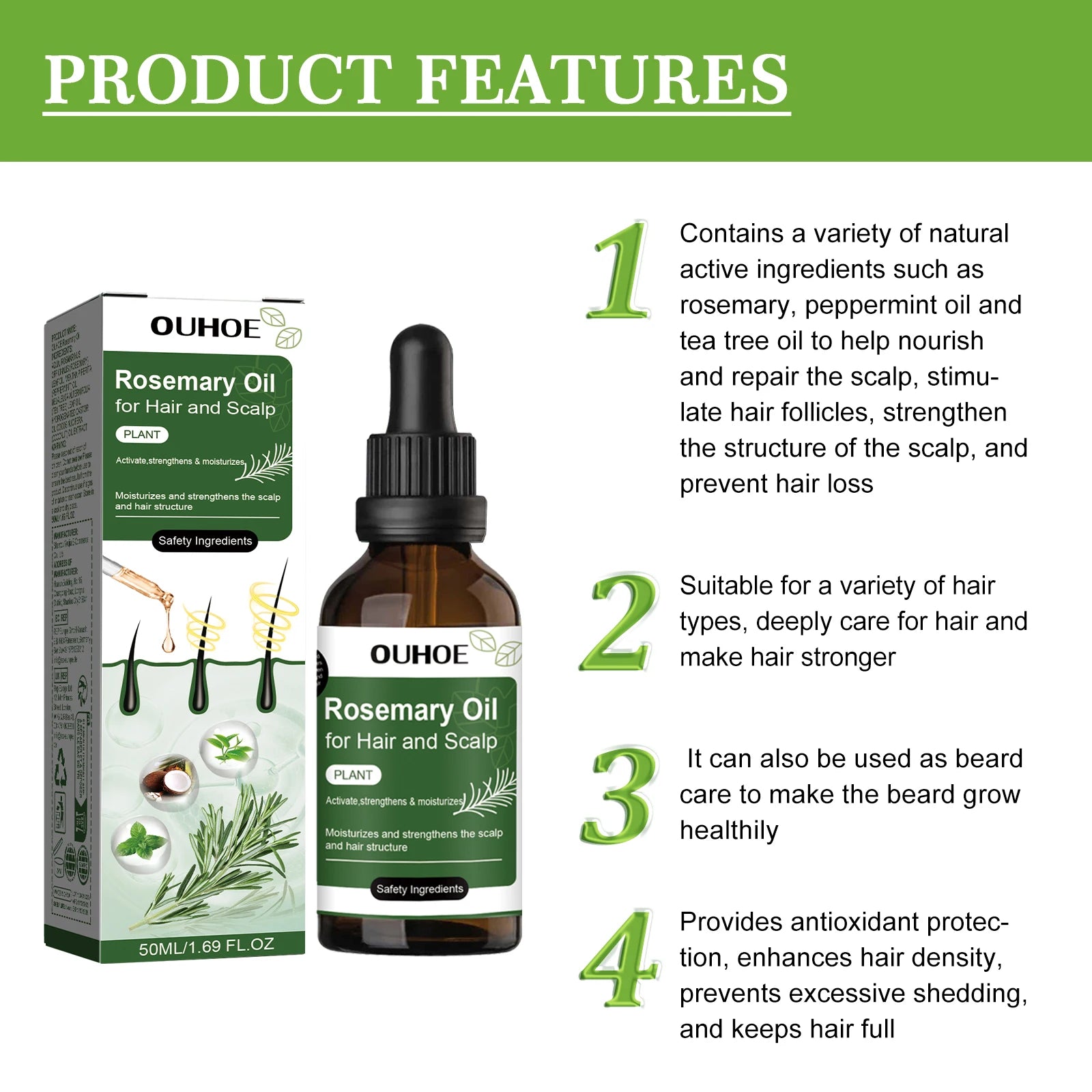 Rosemary Oil for Hair 50ml Scalp Treatment with Coconut Peppermint Oil Nourishing Hair Serum for Shine Strength All Hair Types Qme