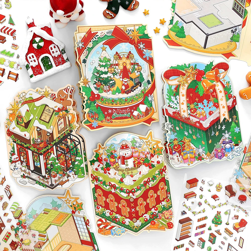 3sheets/bag Today's Business Series Happy Christmas Theme 2.5D PET White Card Diorama Stickers for Scrapbooking DIY Qme