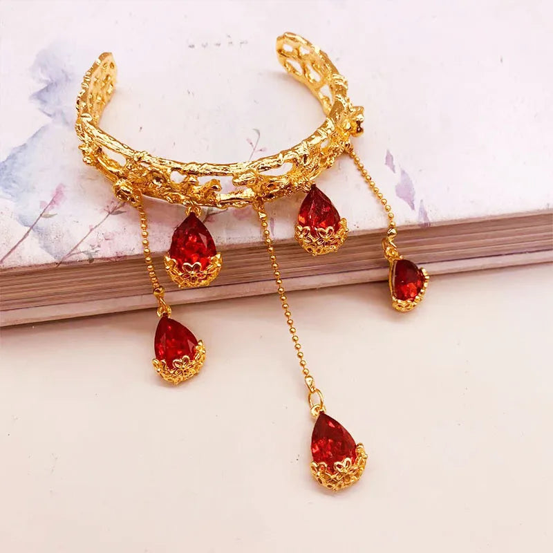 Antique Red Sapphire Water Drop Bell Open Bracelet Flying Sky Dunhuang Ancient Princess Bracelet Classic Ethnic Women's Jewelry Qme