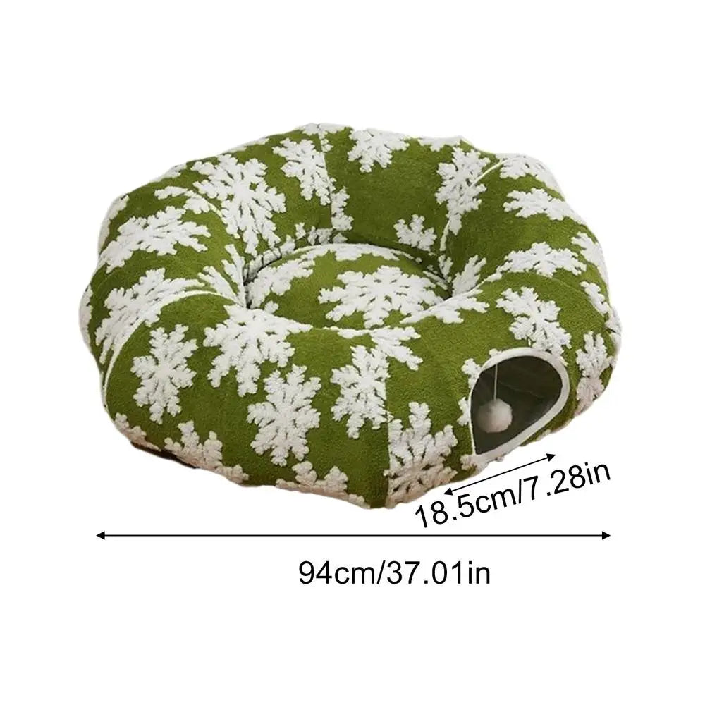 Christmas Tunnel Cat Bed Kitten Donut Nest Kitten Tunnel Cushion Indoor for Living Room Balcony Enrichment Home Bedroom Exercise Qme Green