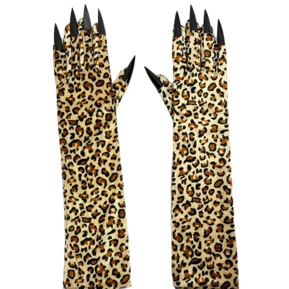 Fashion Long Sleeve Leopard Pattern Gloves Personality Stretch Qme Gold