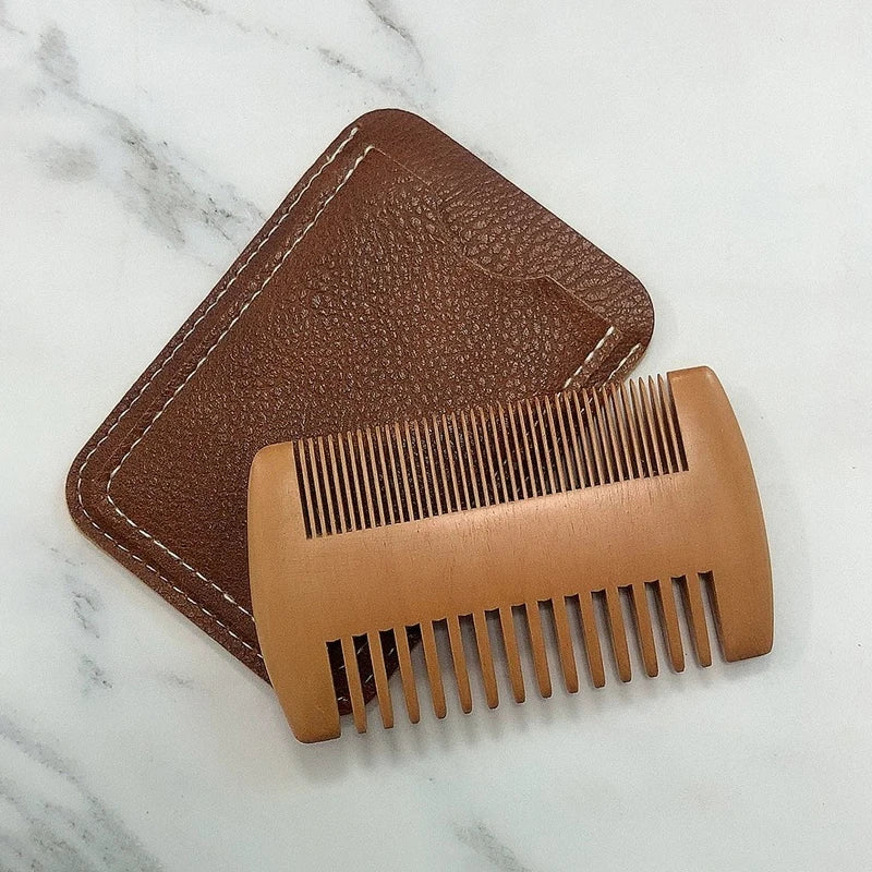 Natural Wood Hair Brush Beard Comb PU Leather Case Anti-static Qme