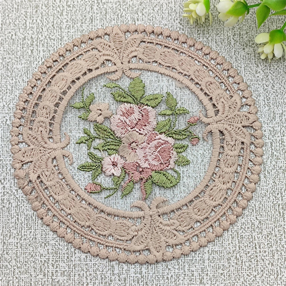 12cm Vintage Lace Coaster Placemat Embroidery Craft Bowls Coffee Cups Coaster European Style Fabric Anti-Scald Table Plate Mat Qme 12 x 12cm Bean paste