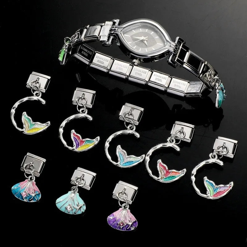 2025 Shiny Zircon Shells Starfish Conch Blue Italian Charm Links Fit 9mm Stainless Steel Bracelet Women Jewelry DIY Making Gifts Qme