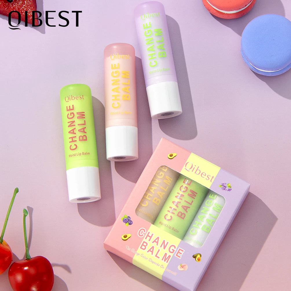 QIBEST 3Pcs Color Changing Lip Balm Makeup Sets Moisturizing Tinted Lipstick Lasting Lip Stain Tint Nourishing Repair Lip Care Qme