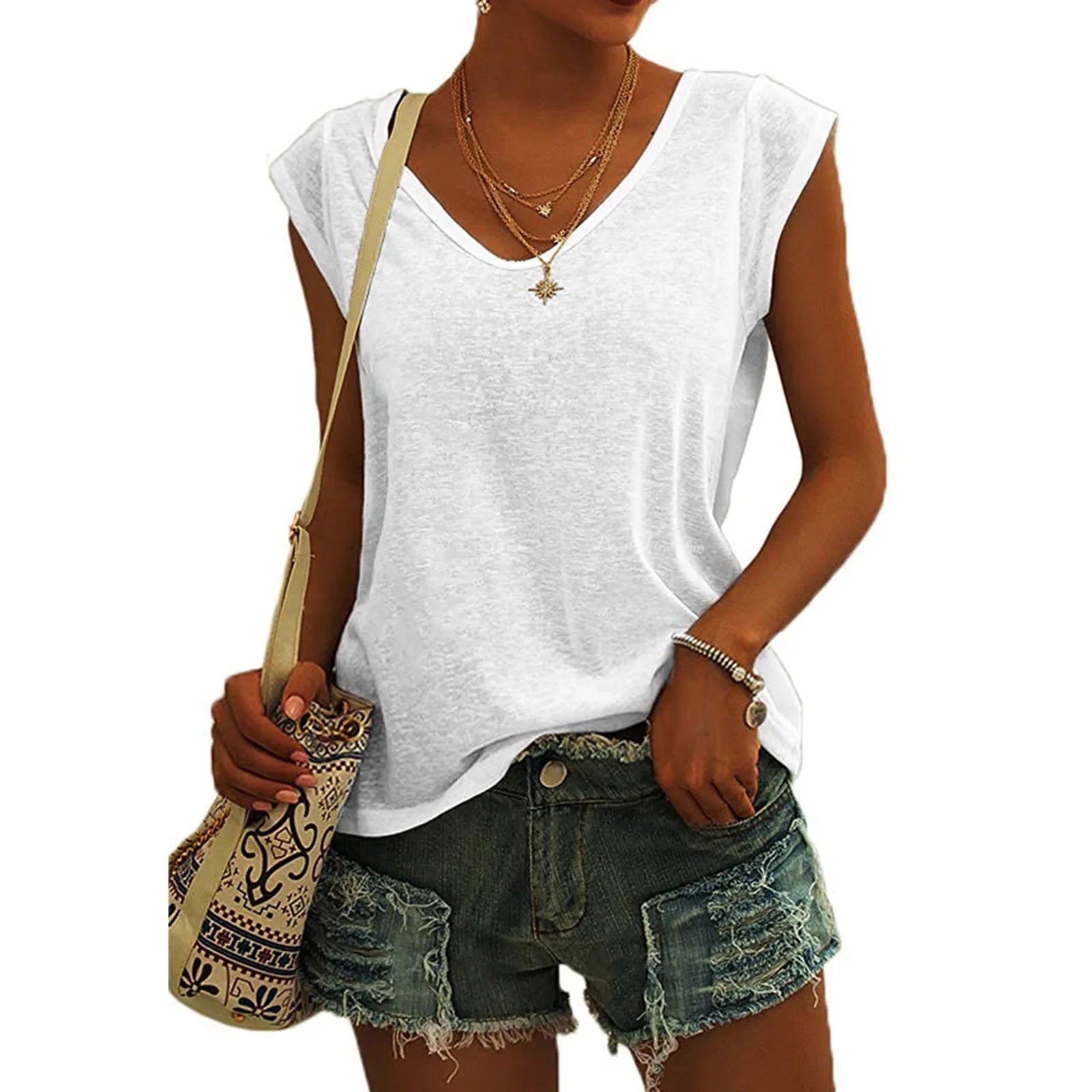 Women's Solid Color Minimalist Fashionable V-Neck Sleeveless T-Shirt Casual And Versatile Loose Summer Basics Street Tank Tops Qme White L