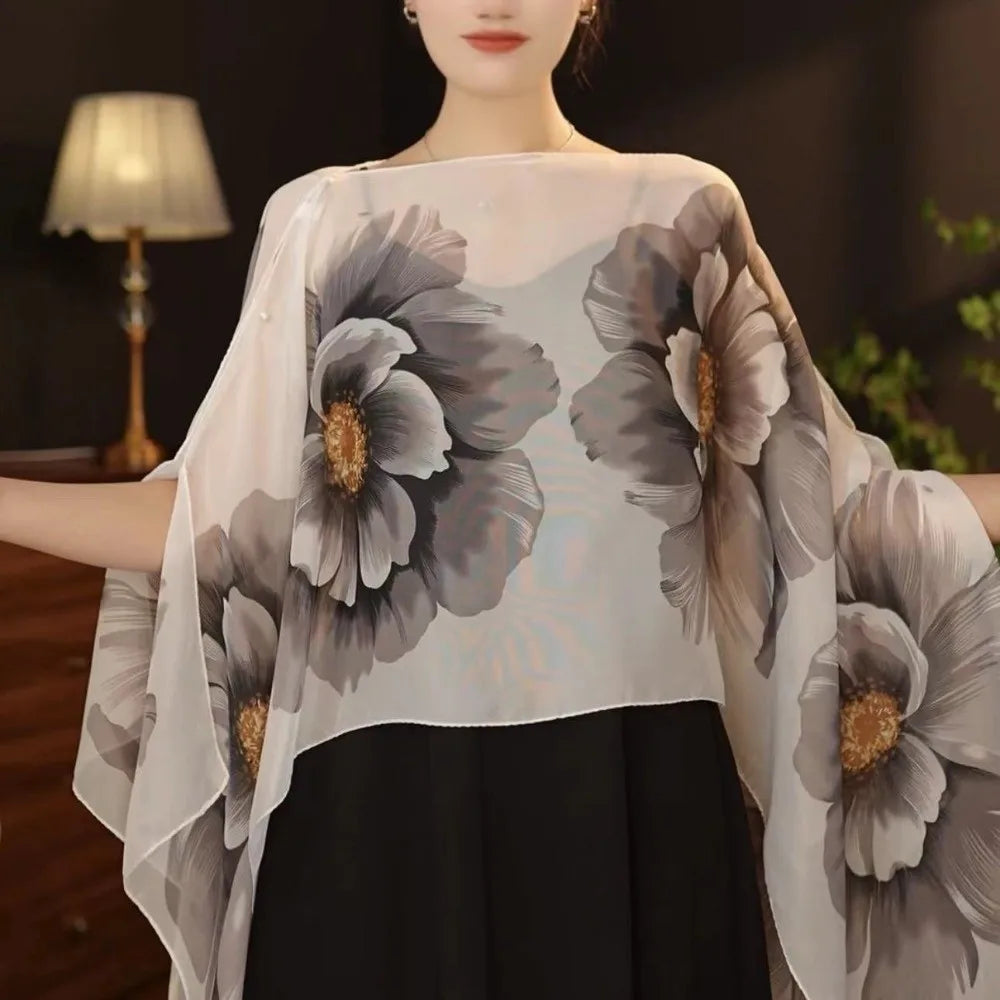 Multifuctional Breathable Shawl Flower Pattern Long Length Sun Protection Shawl Lightweight Breathable Fabric Chiffon Scarf Qme Style A