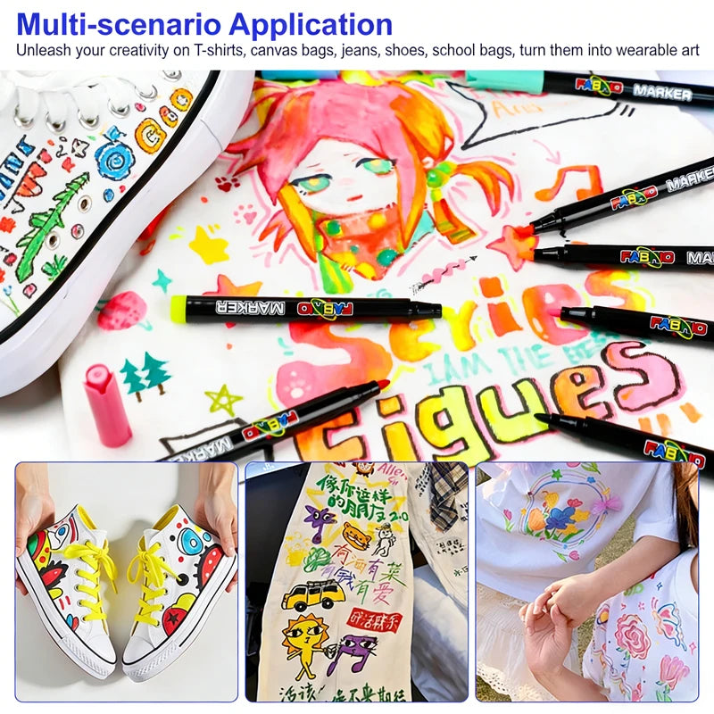 12/24/36 Color Fabric Markers Non Toxic Indelible Permanent Fine Tip Textile Marker Pen for Clothing Fabric Drawing DIY Art Qme