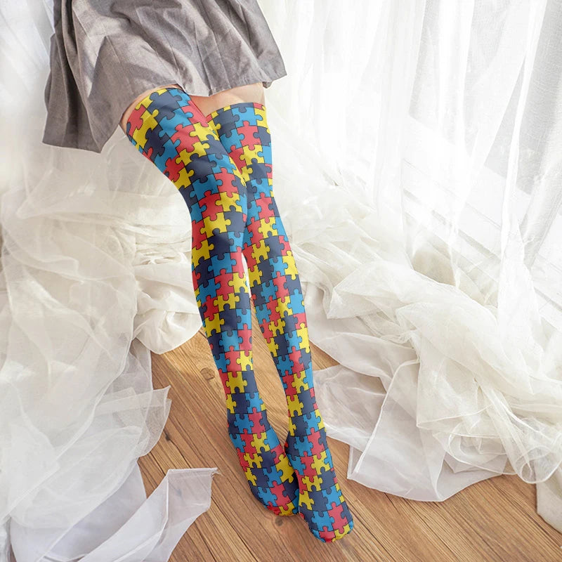 Novelty Puzzle Pattern Stockings Harajuku Sexy Plaid Knee Socks Qme