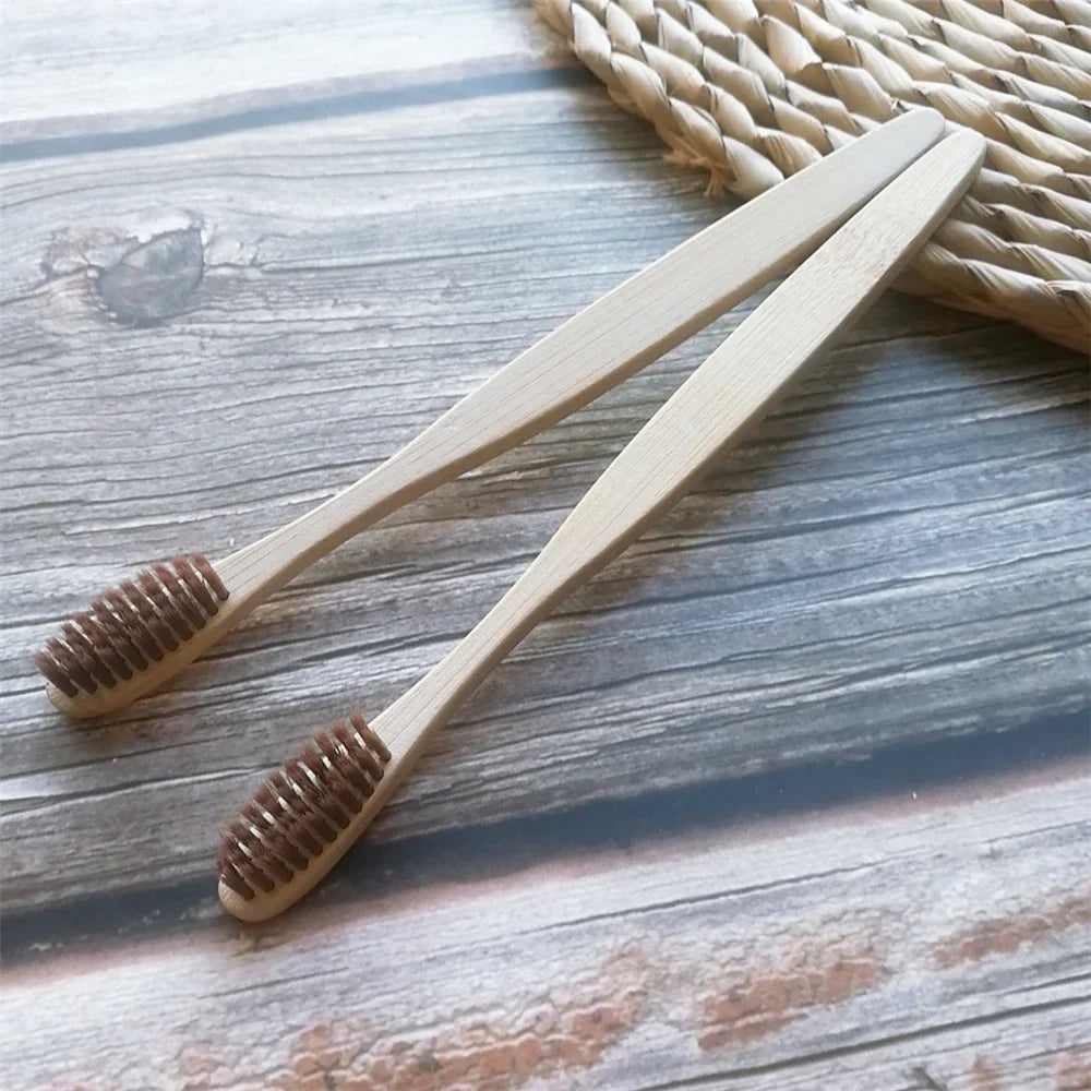 Colorful Natural Bamboo Toothbrush Soft Bristle Charcoal Teeth Whitening Manual Wooden Handle Toothbrushes Soft Dental Oral Care Qme Brown 2Pcs