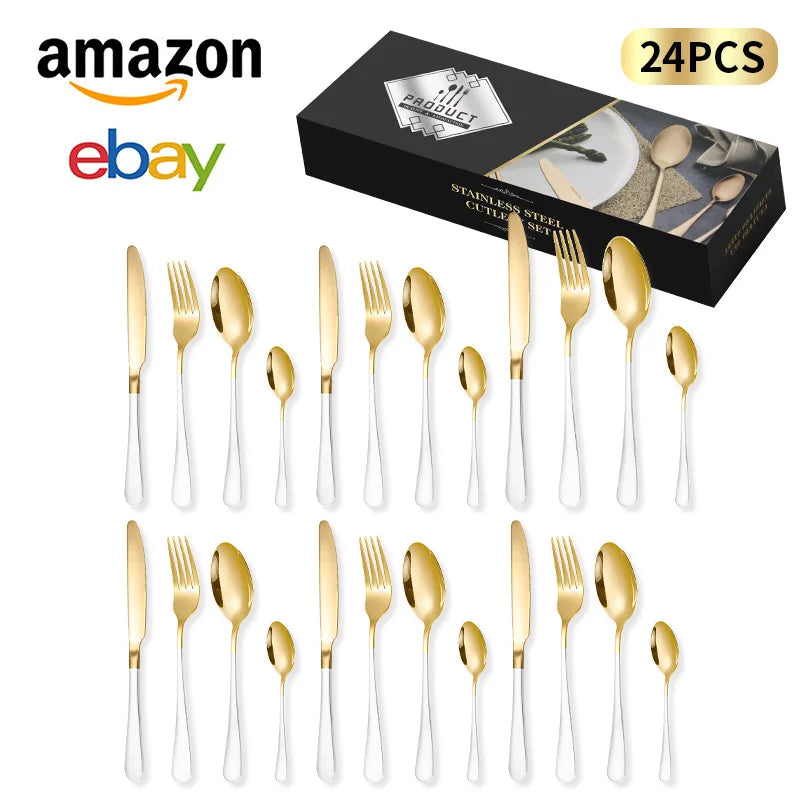 24-Piece Stainless Steel Tableware Set,Western Cutlery Steak Knife Fork Spoon, Gift Box Set for Home Restaurant Wedding Gift Qme A-24Pcs WhtGold
