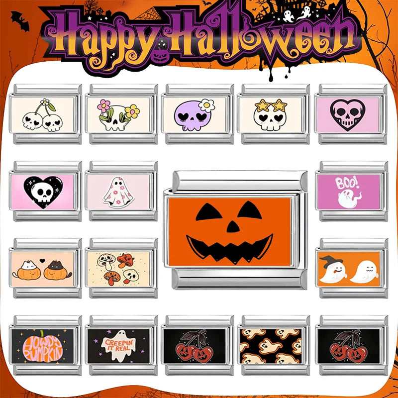 2025 Fashion Halloween Pumpkin Ghost Dark Style Italian Charm Link Stainless Steel Module Bracelet DIY Making Jewelry for Couple Qme