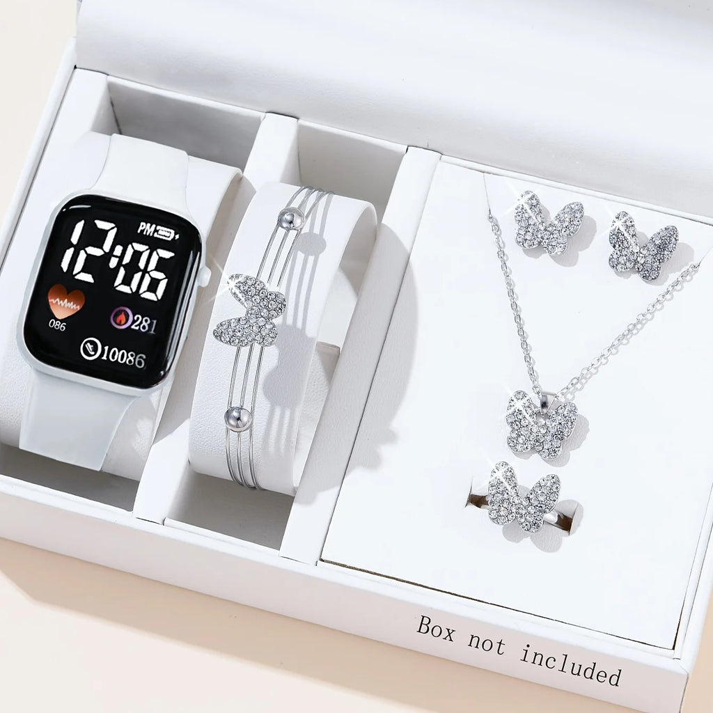 6pcs set of women's fashionable sports and leisure electronic watches, gorgeous butterfly bracelets, necklaces, earrings, rings Qme white suit