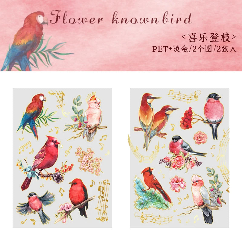 2 pcs/lot Bronzing Flowers birds flat Stickers colorful bird Decorative sticker Diy Scrapbooking material Craft Supplies Qme 6