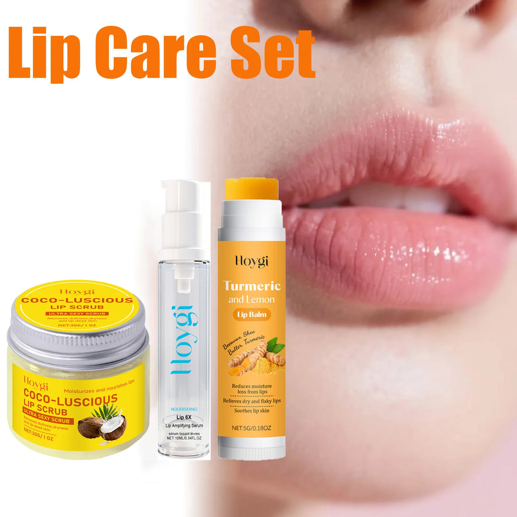 3-in-1 Lip Care Set Turmeric Nourishing Lip Balm Exfoliating Coconut Scrub & Hydrating Plumping Serum for Soft Smooth Lips Qme