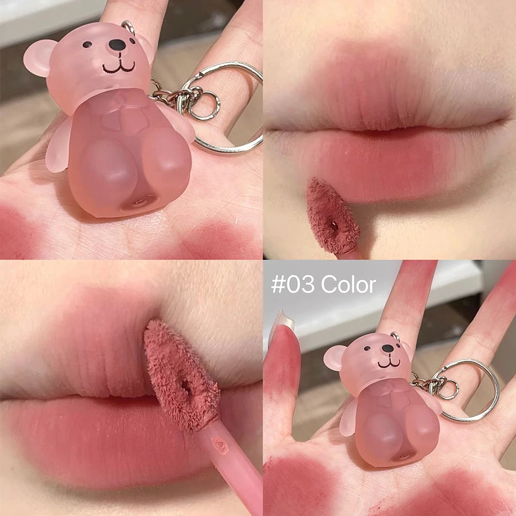 ART VALUE Cute Bear Lip Mud Keychain Matte Nude Red Lip Gloss Non-stick Cup Lipstick Waterproof Long Lasting Lipgloss Cosmetics Qme 03