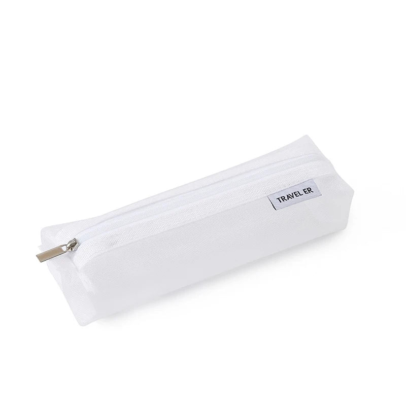Mesh Pencil Case Transparent Kawaii Cute Simple Beautiful Bag Qme S white