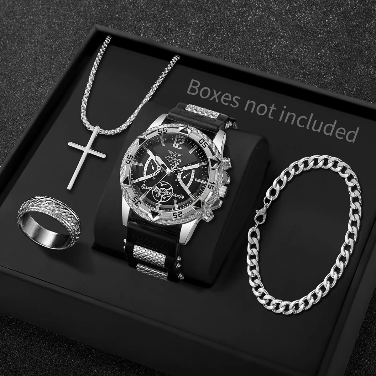 4Pcs Men Accessories Set Fashion Big Dial Quartz Watch Cross Necklace Bracelet Ring Hip Hop Men Daily Wear Gift Qme Black Silver No Box