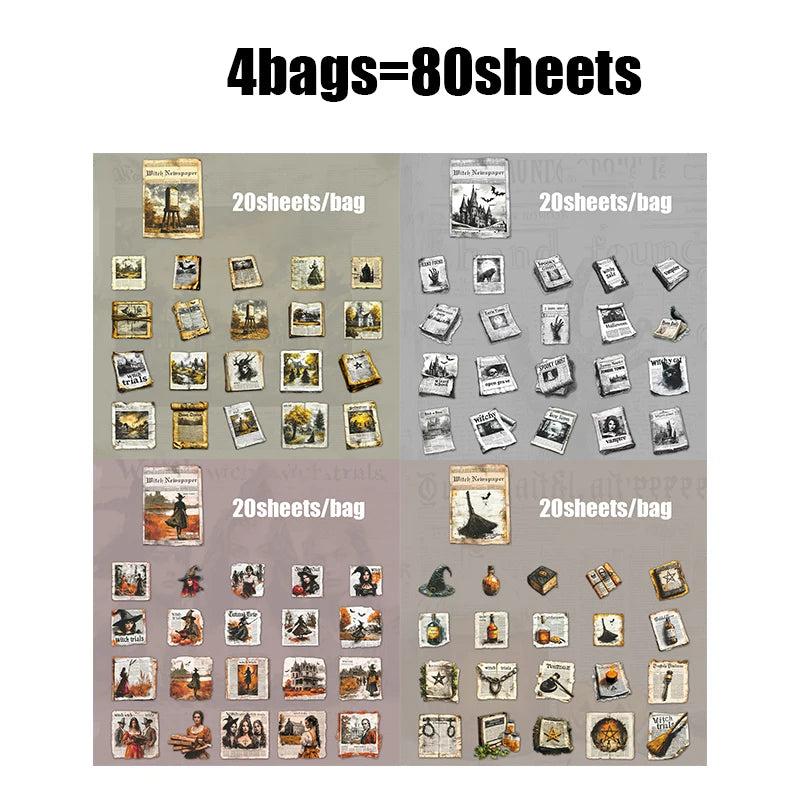 20sheets/bag Witch Newspaper Gothic Theme Stickers for DIY Scrapbooking Phone Case Decoration Birthday Gifts Teaching Rewards Qme all