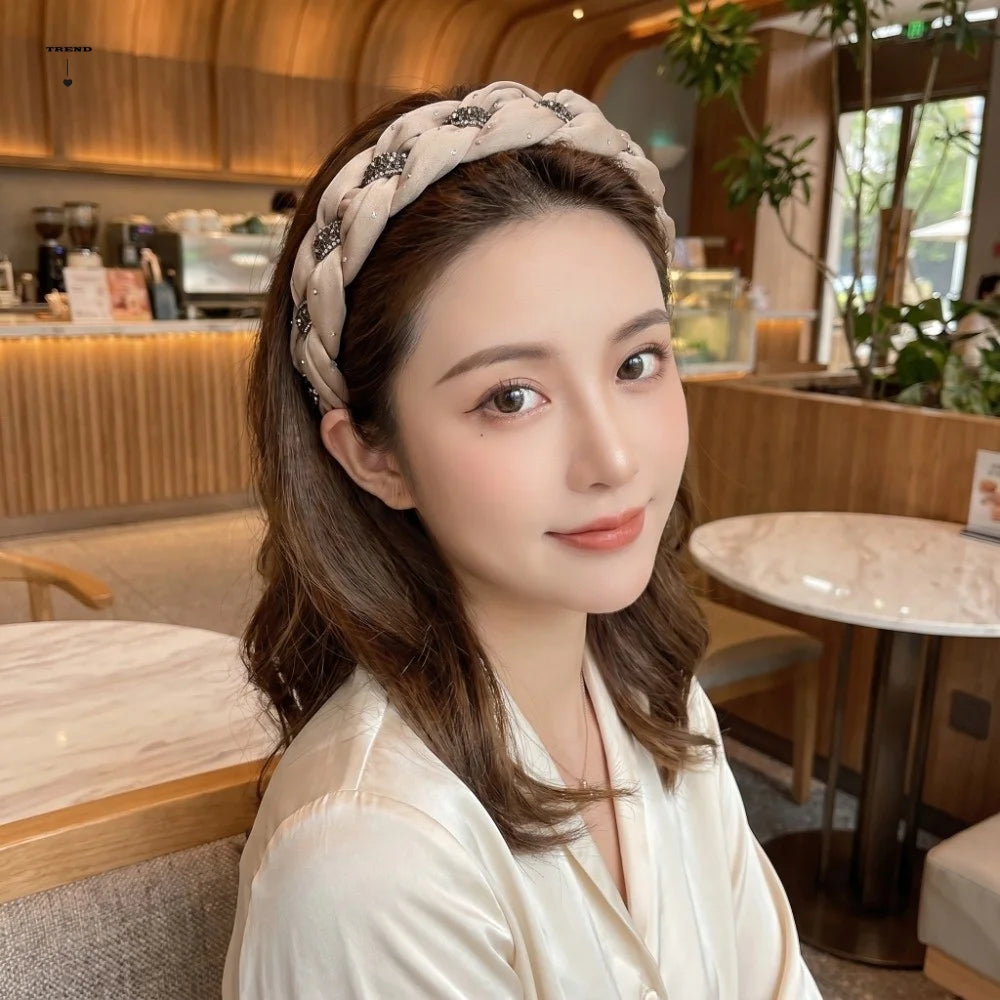 Wide Brim Rhinestone Headband Soft Fabric Twisted Knotted High Cranial Hair Hoop Elegant Non-Slip Braided Hairband Women Qme