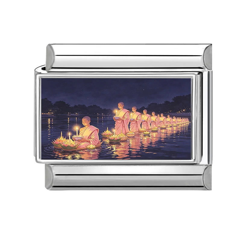Floating Water Lanterns offer sacrifices Buddhist Lent Charms Italian Links Fit 9mm Bracelet Stainless Steel DIY Making Jewelrys Qme Style 15