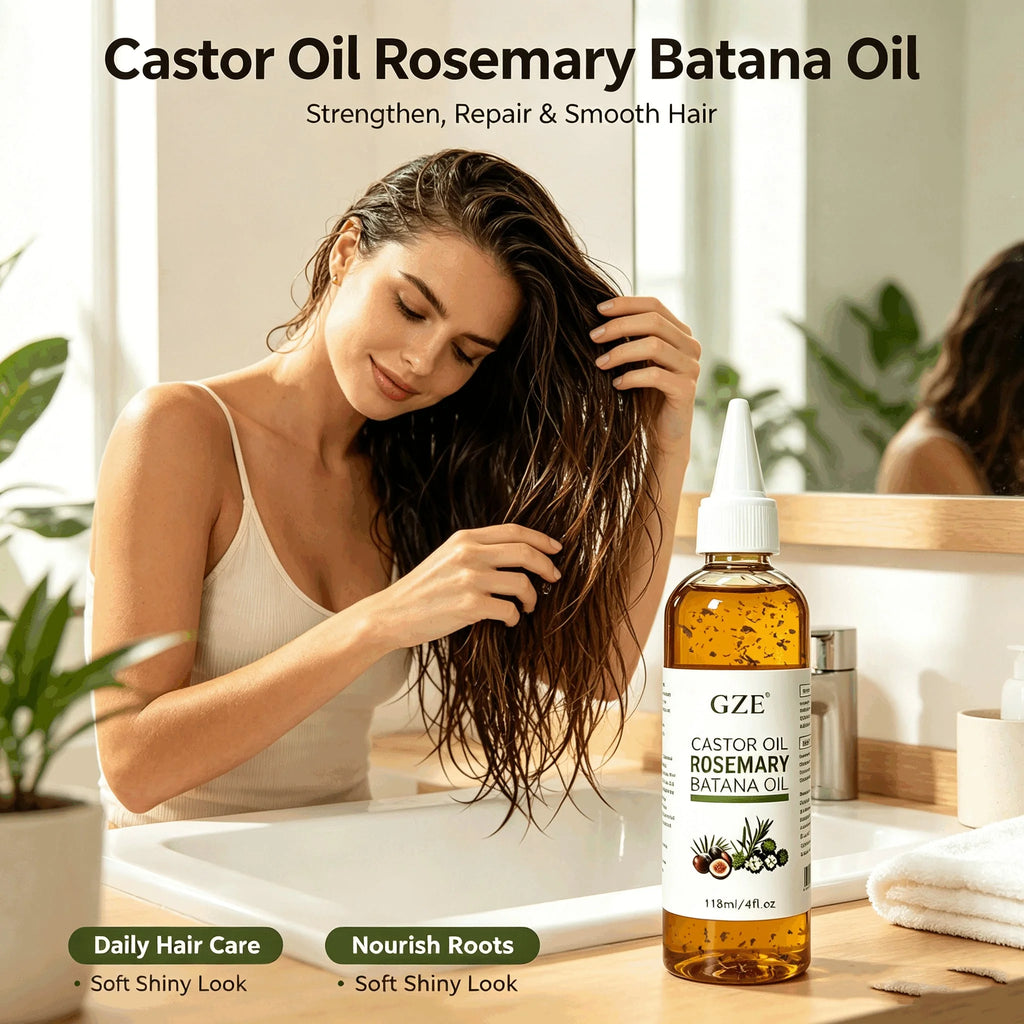 GZE Castor Rosemary Batana Hair Oil with Dried Herb Petals, Nourish Scalp, Strengthen Thin Hair, Repair Dry Frizzy Hair Qme