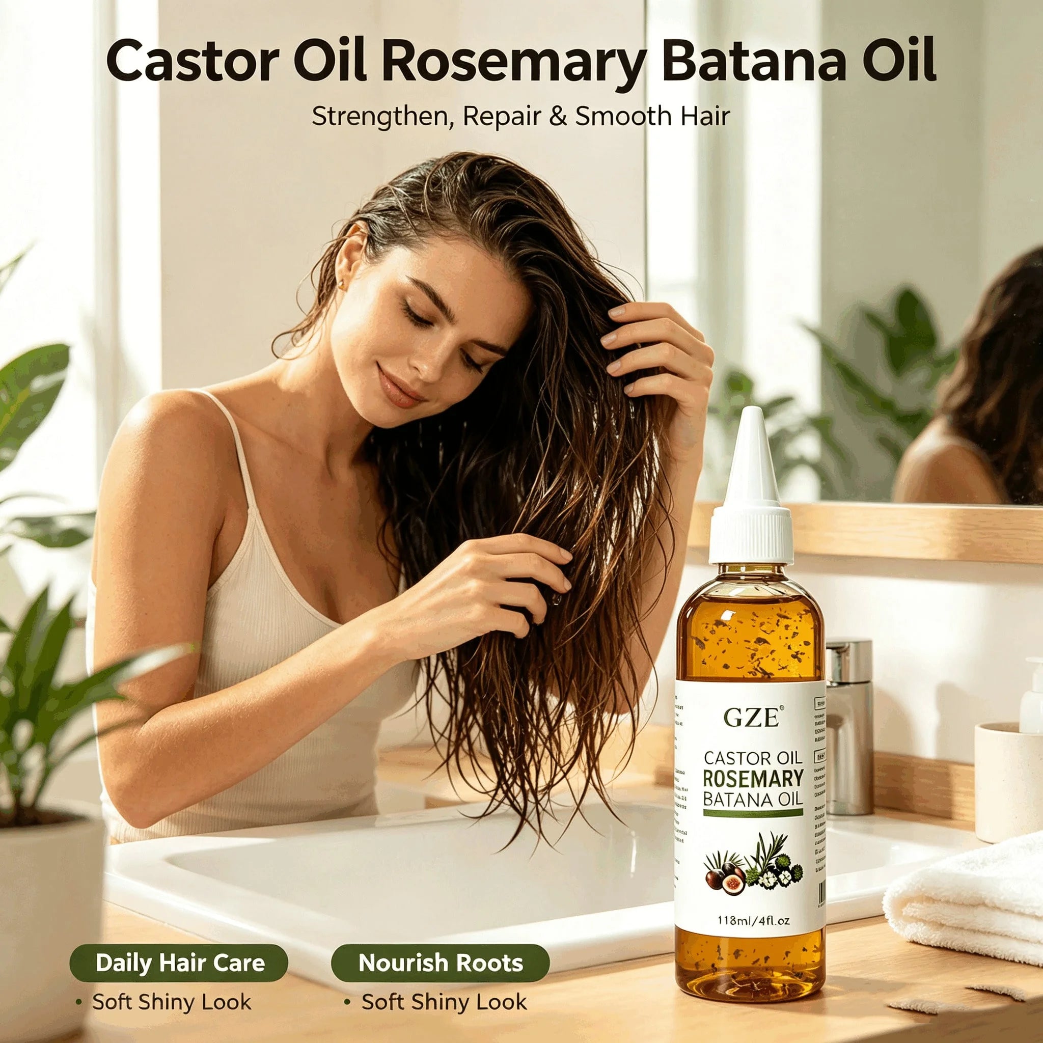GZE Castor Rosemary Batana Hair Oil with Dried Herb Petals, Nourish Scalp, Strengthen Thin Hair, Repair Dry Frizzy Hair Qme