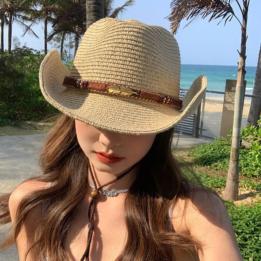 Fashion Summer Western Cowboy Hats Hiking Wide Brim Straw Cowgirl Hat Qme