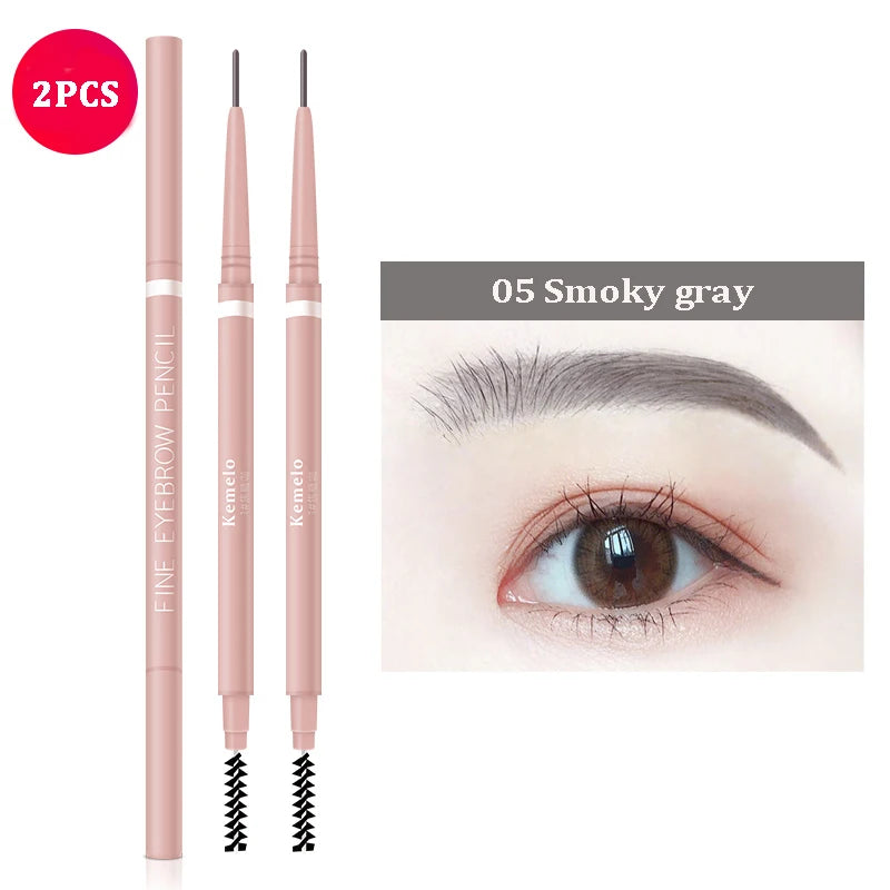 1.5mm Ultra Fine Double-Ended Eyebrow Pencil Automatic Rotating Natural Waterproof Long Lasting Professional Eyebrow Pen Makeup Qme 05 Smoky Gray(2Pcs)