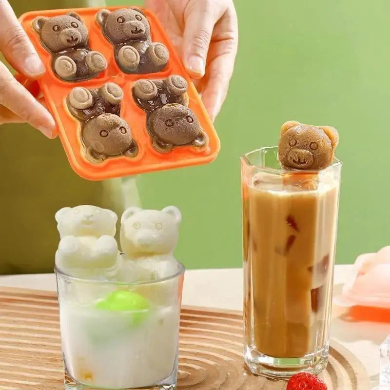 3D Food Grade Silicone Ice Mold 4Grid Bear Shape Cube Maker DIY Qme