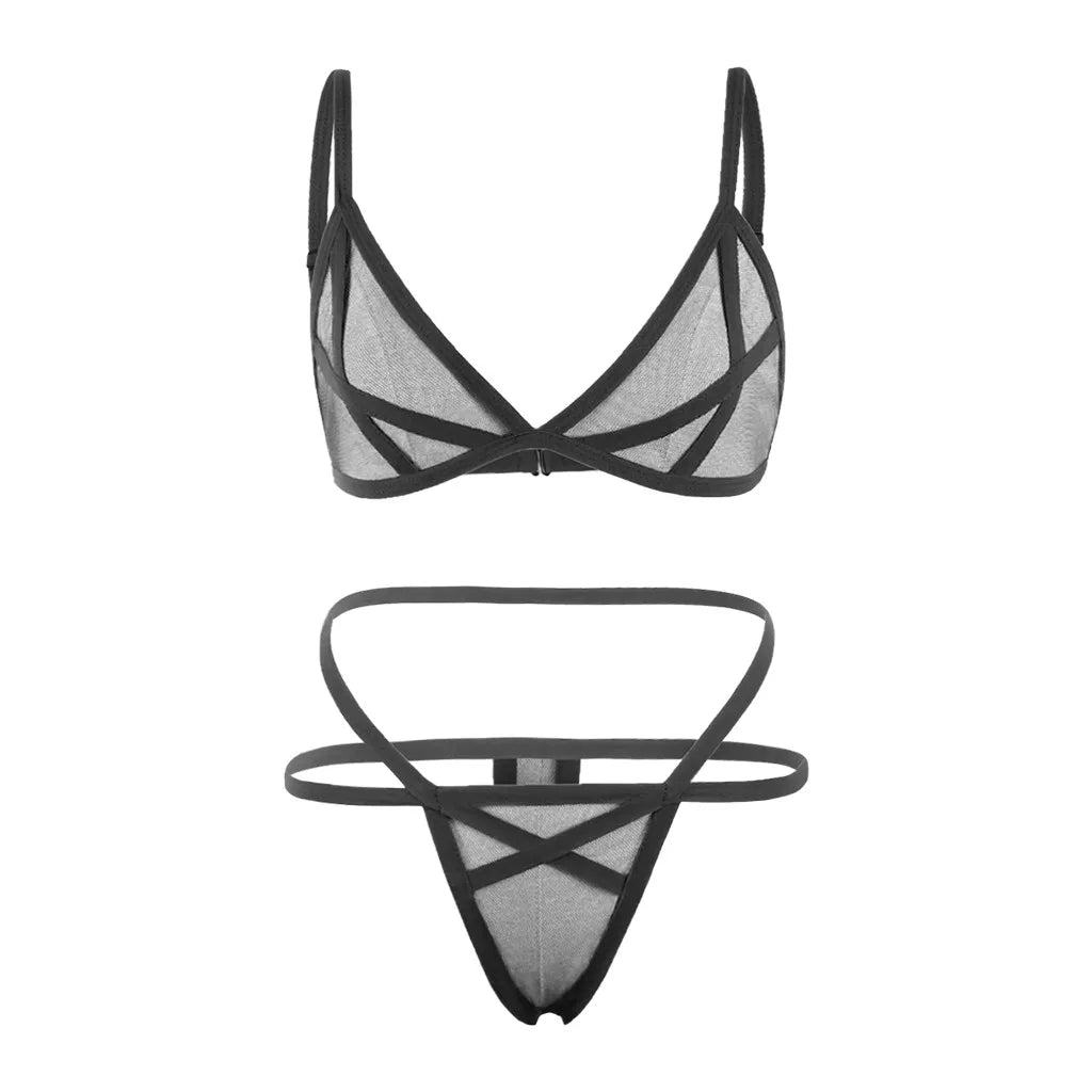 Ladies’ Solid Color Suspender Mesh Perspective Single-layer Underwear Sexy Breathable 1/2 Cup Seamless Non-adjustable Bra Set Qme