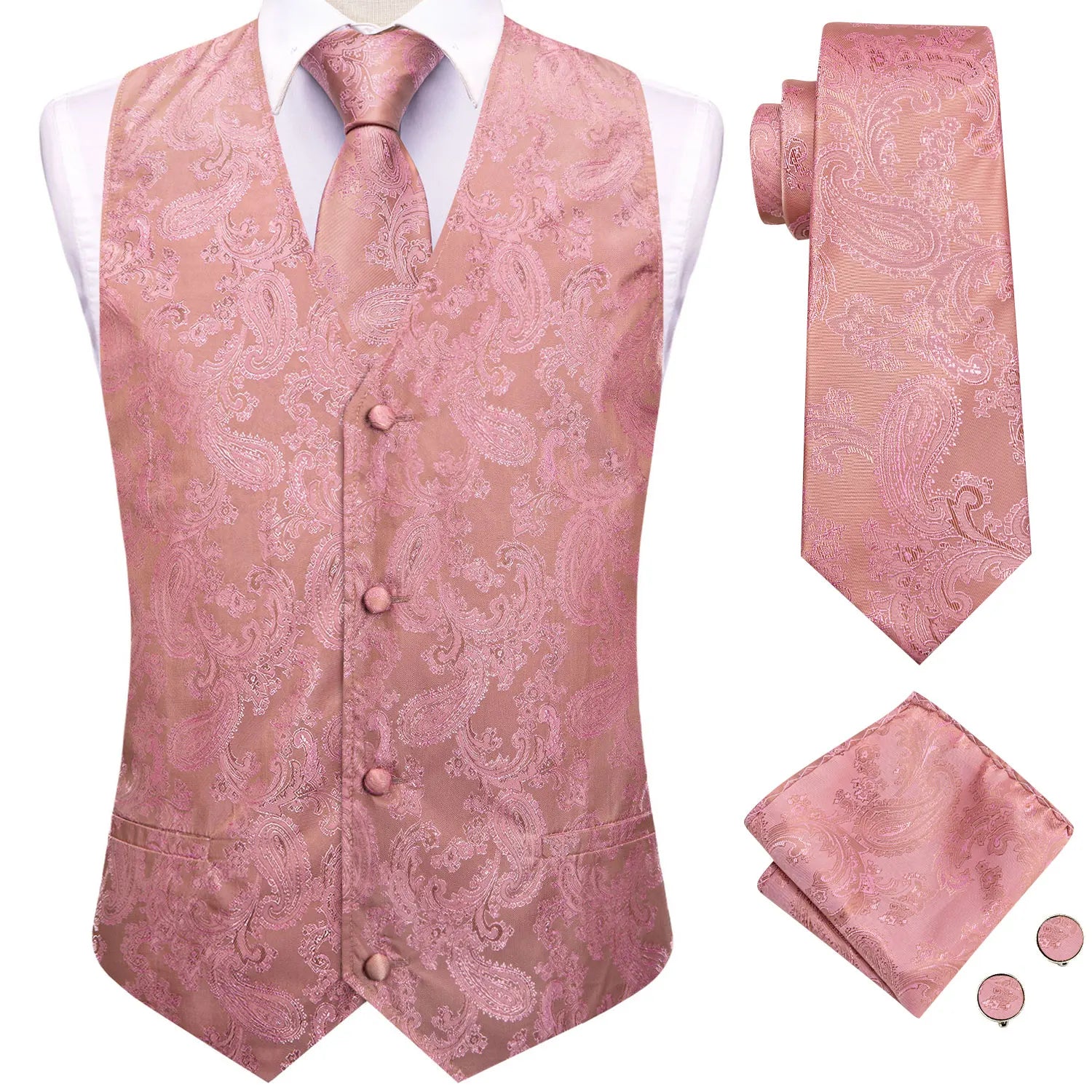 Hi-tie Silk Mens Suit Vests Woven Black Paisley Waistcoat Tie Pocket Qme