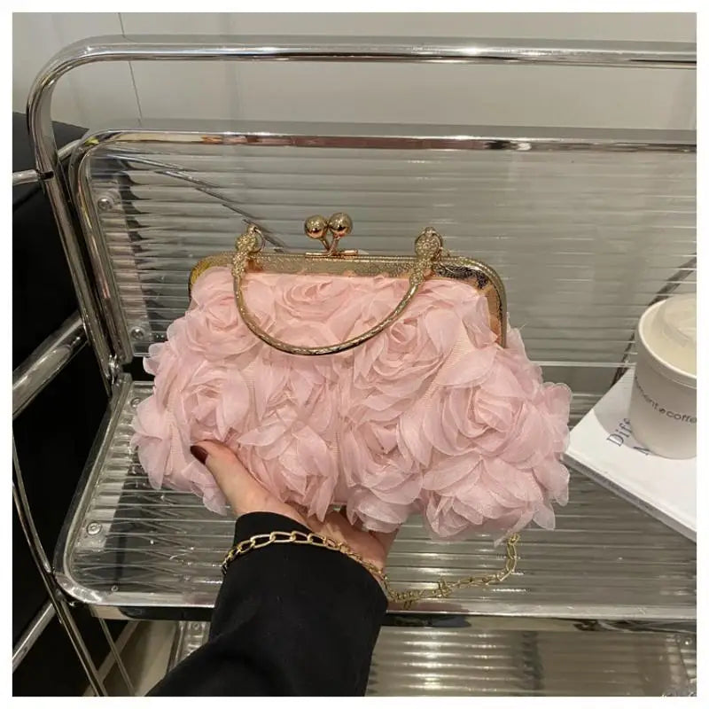 Chiffon 3D Flower Banquet Bag Fashion Evening Bags Luxury Women Chain Qme Pink