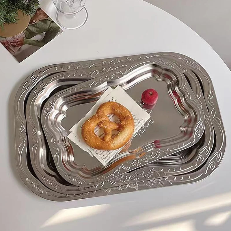 Stainless Steel Rectangular Tray Embossed Design Kitchen Living Room Qme