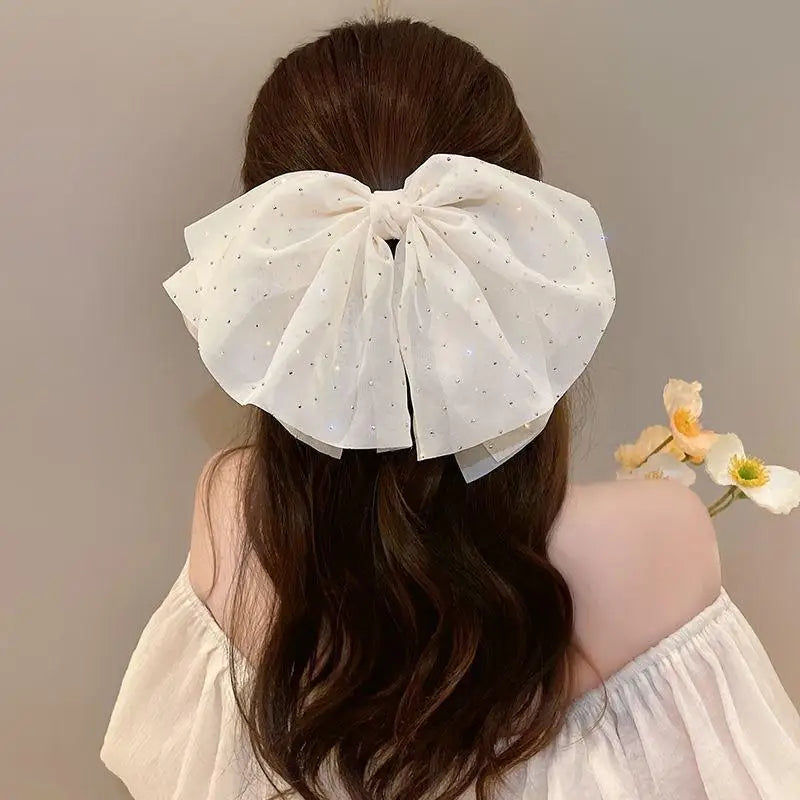 Elegant Temperament Mesh Hair Clip Woman Rhinestone Large Bow Hairpin Qme