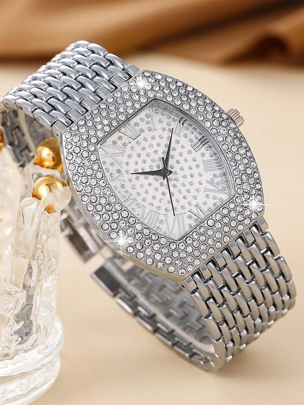 Women Gold Tonneau Watch Full Diamond Bling Roman Dial Stainless Steel Band Quartz Wristwatch Qme Silver No