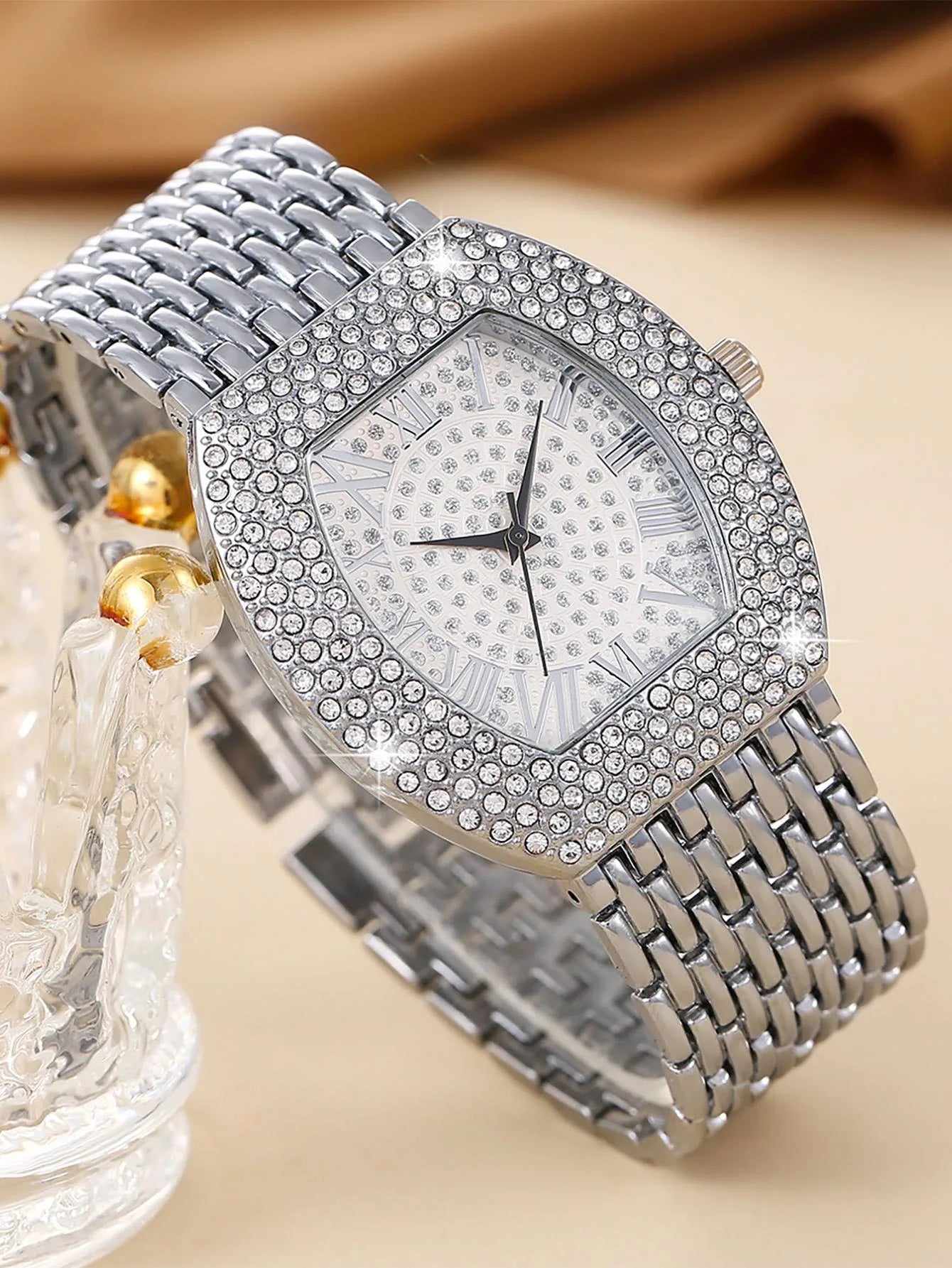 Women Gold Tonneau Watch Full Diamond Bling Roman Dial Stainless Steel Band Quartz Wristwatch Qme Silver No