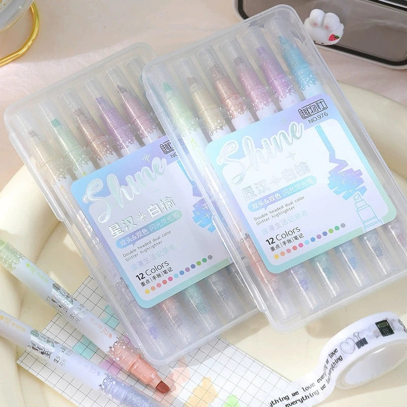 Glitter Highlighters, Chisel Tip, Highlighter Marker Set Fluorescent Highlighters Classroom Journaling Assorted Colors 6 Count Qme