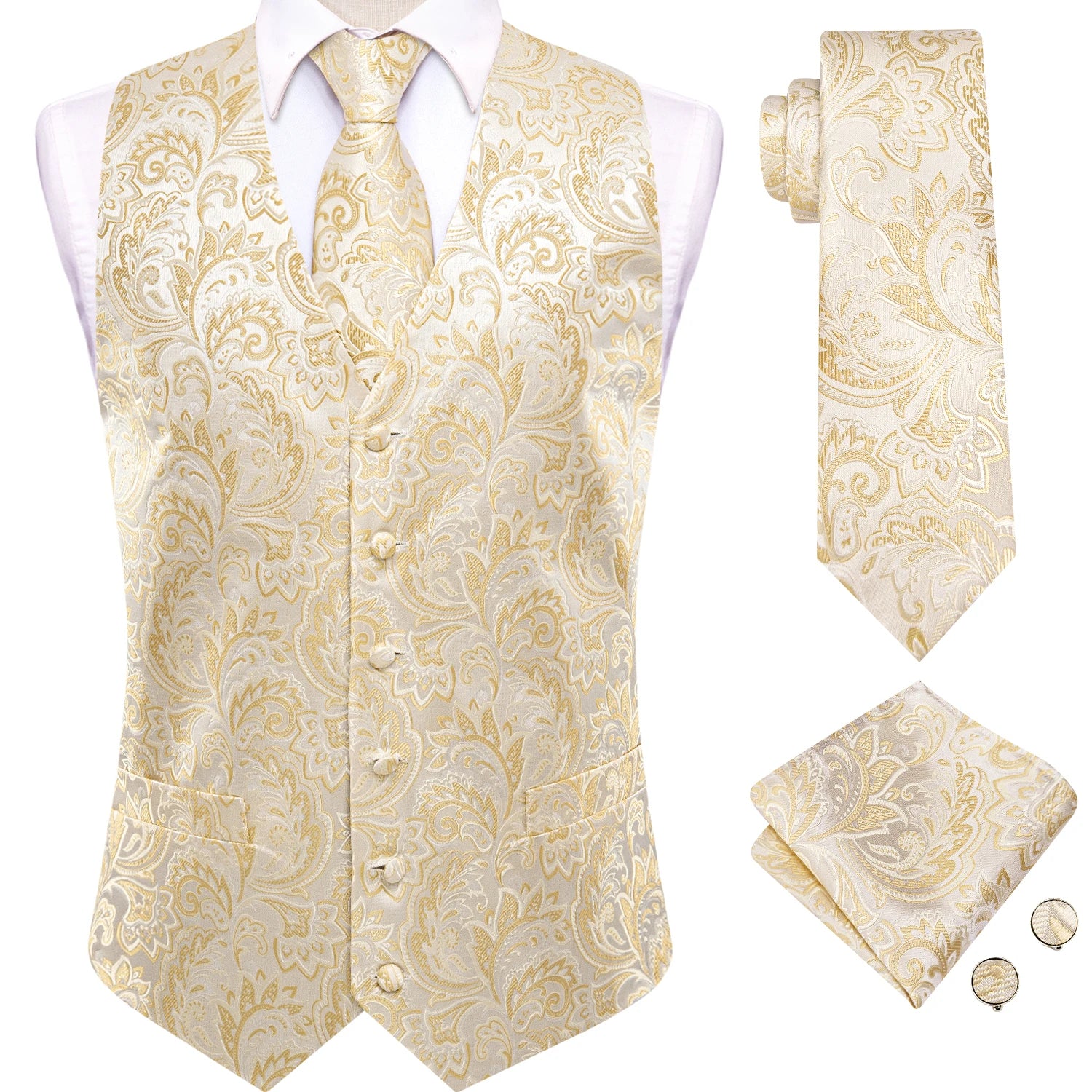 Men's Floral Vest Tie Hanky Cufflinks Formal Biege Grey White Qme MJTZ3509 S