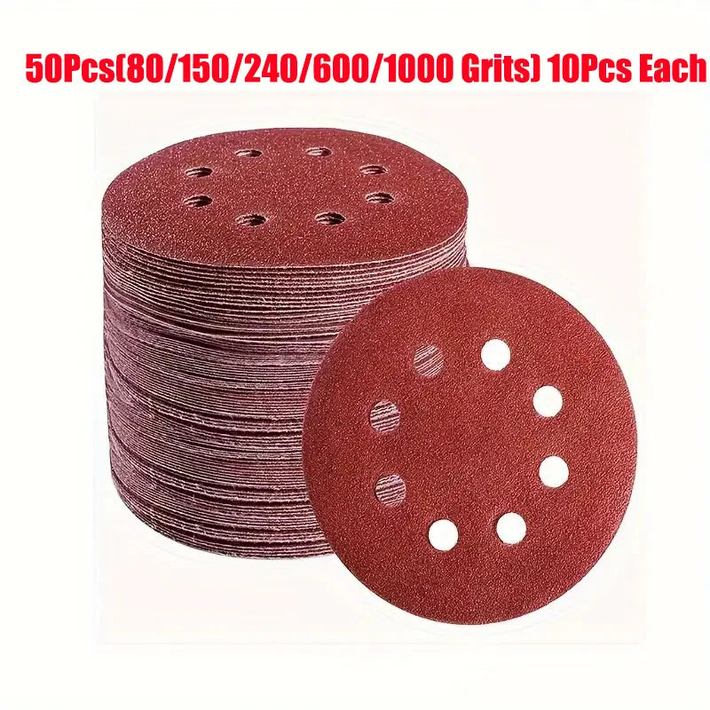 50 Uds. Papel de lija redondo de 5 pulgadas y 125mm disco de ocho agujeros hojas de arena grano 60-1000 disco de lijado de ganch Qme 50pcs Set 2