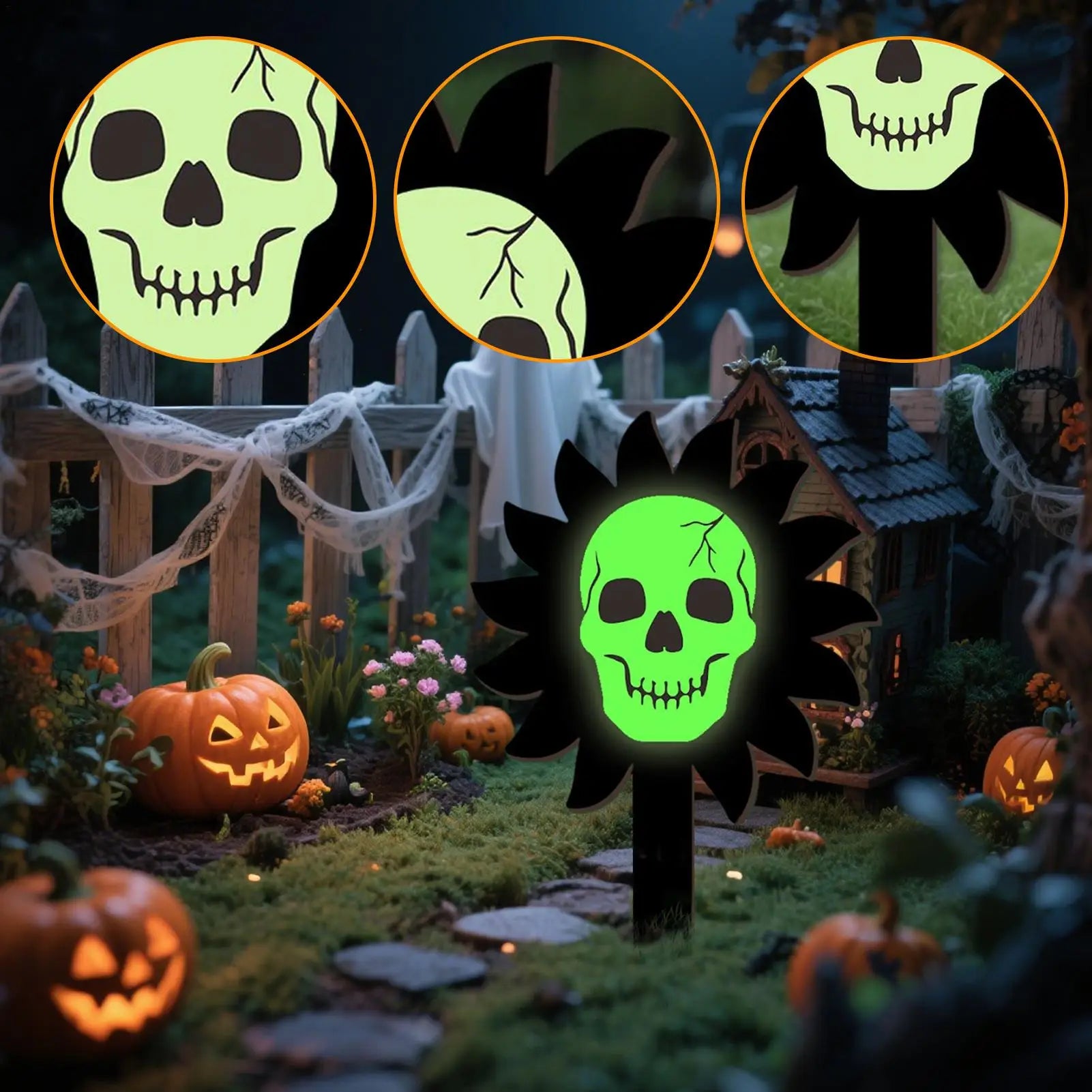 Halloween Garden Stakes Luminous Skull Yard Signs Wooden Decorations Qme